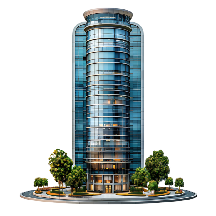 a tall building with many windows and trees