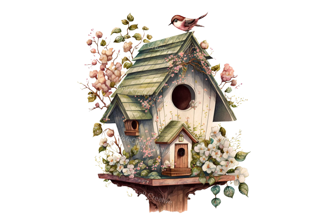 a birdhouse with flowers and birds on it