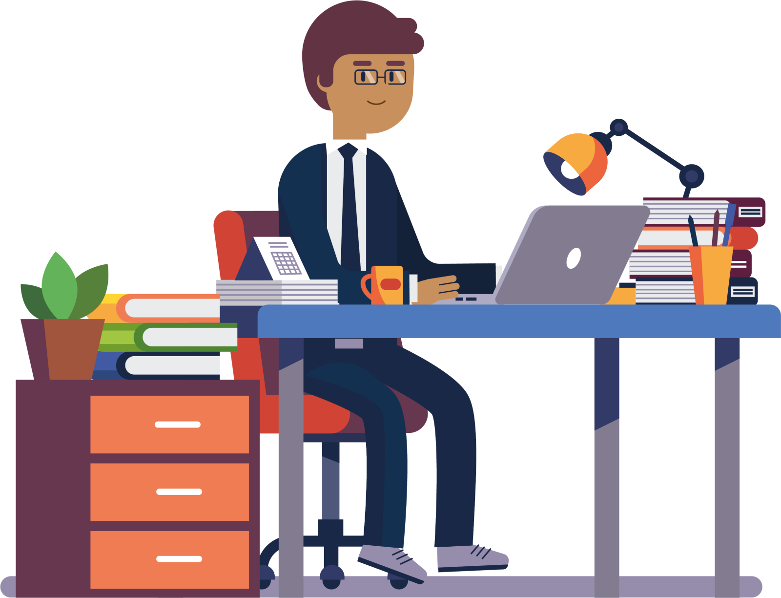 a man is sitting at the desk and working on his laptop