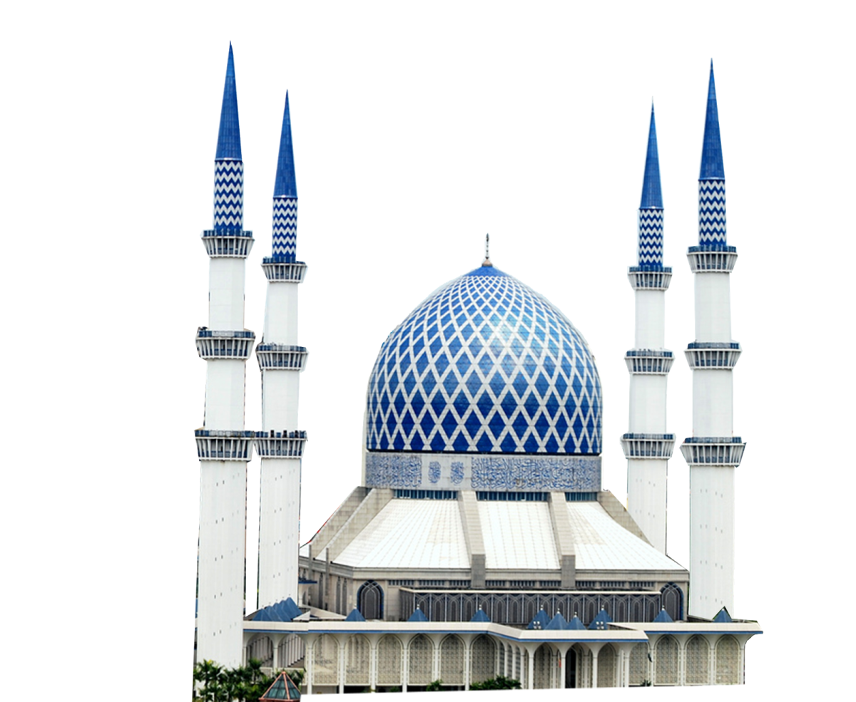 a blue and white mosque on a white background