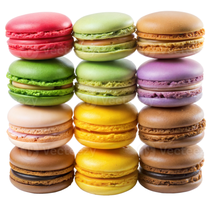 a pile of colorful macaros on white background