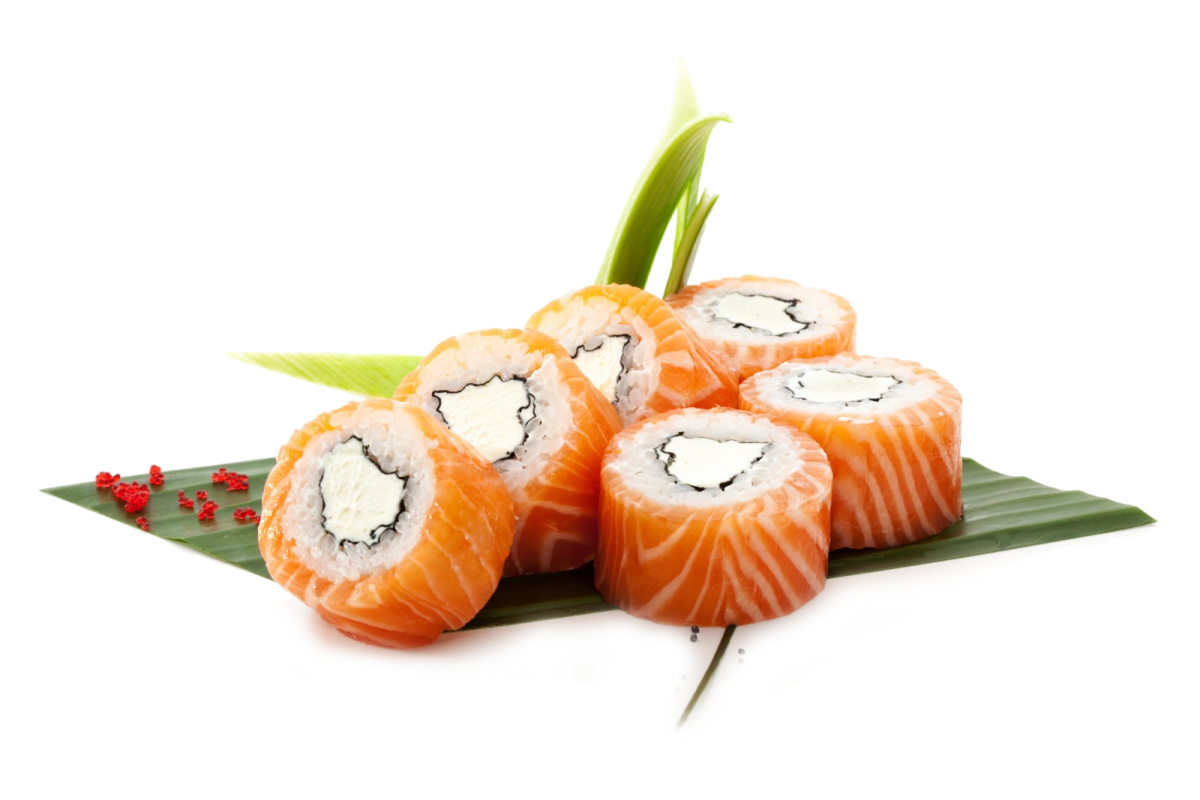 a piece of salmon roll on top of a leaf
