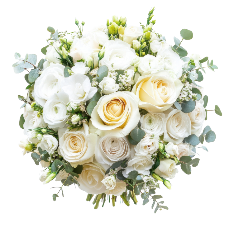 a bouquet of white roses and eucalyptus leaves