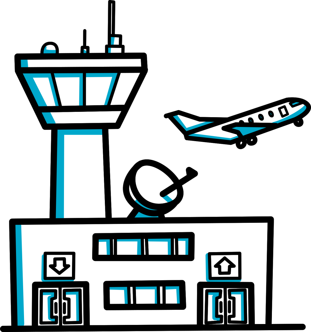a plane flying over an airport terminal