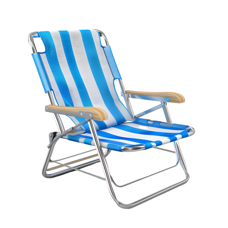 a blue and white striped beach chair