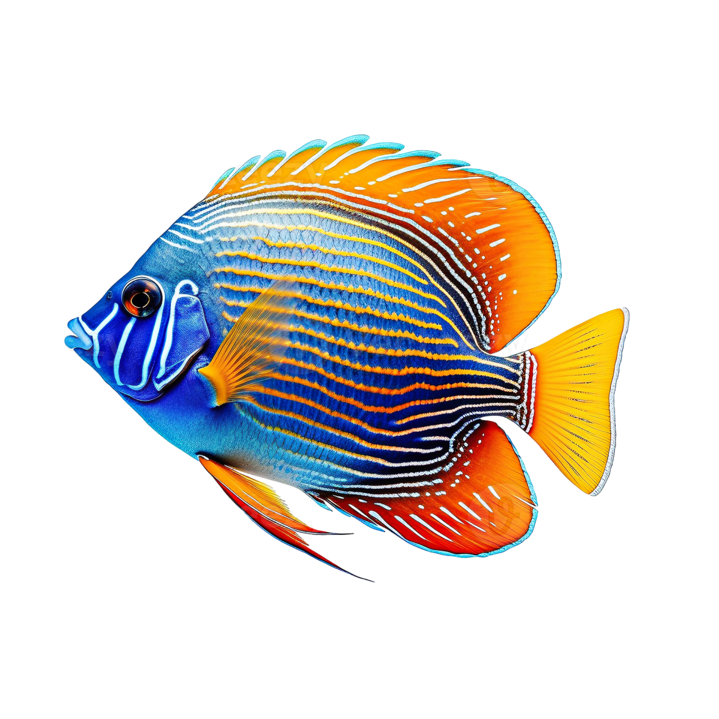a blue and orange fish on a white background