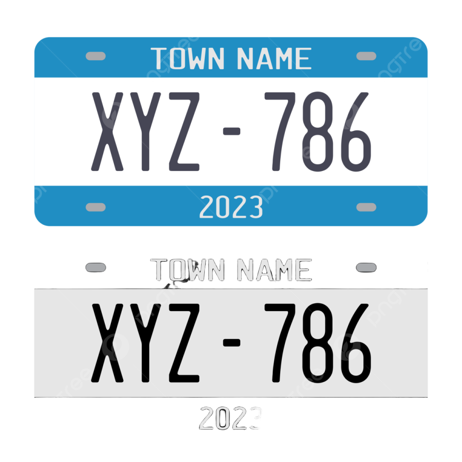two blue and white license plates with the words town name on them