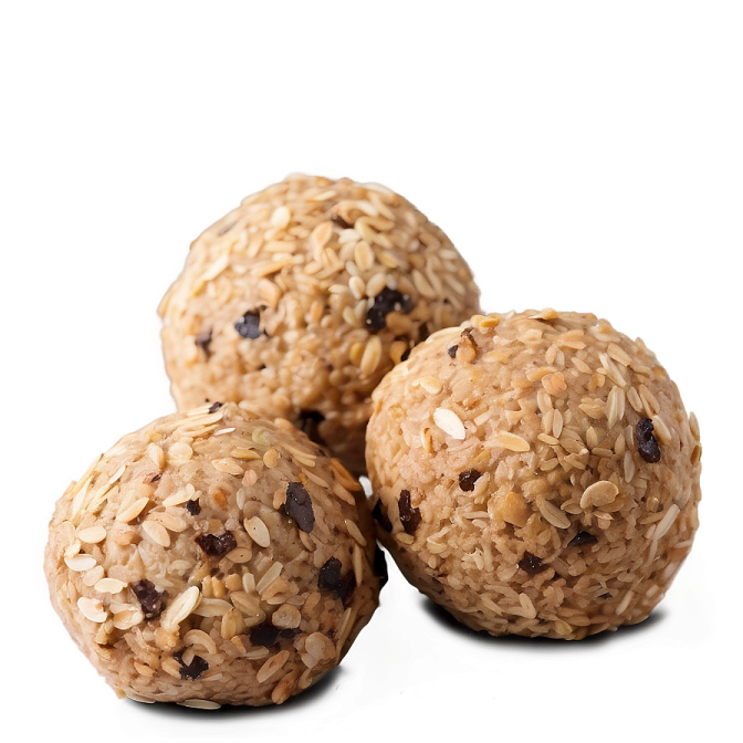 three balls of oat on a white surface