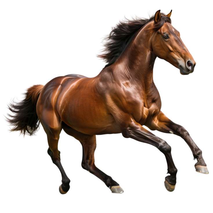 a brown horse running on a white background