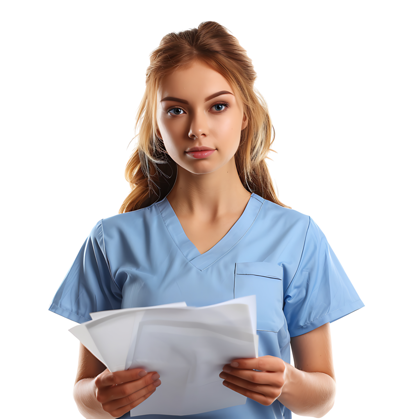 a woman in scrubs holding a piece of paper and looking at the camera
