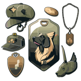 a set of military items including a dog, helmet, and other items
