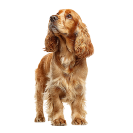 a brown and white dog standing on its hind