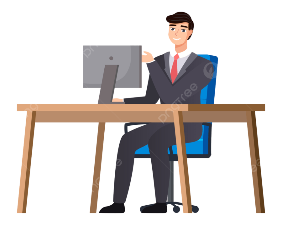 a man in a suit sitting at a desk with a computer
