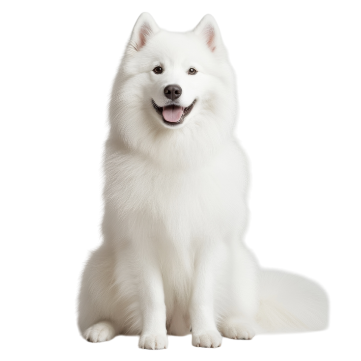 a white dog sitting down and looking at the camera