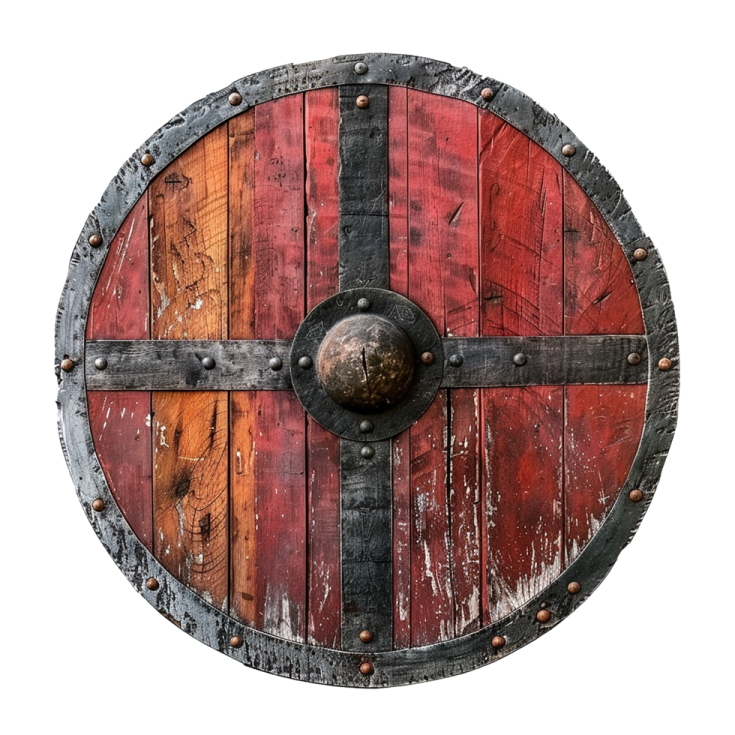 a red and black wooden shield on a white background