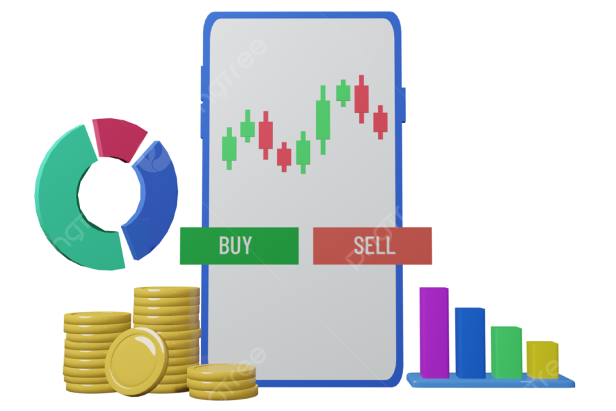 a smartphone with the words buy and sell next to a stack of coins