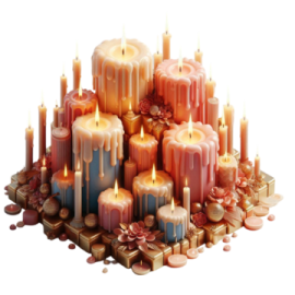 a pile of candles with flowers on top