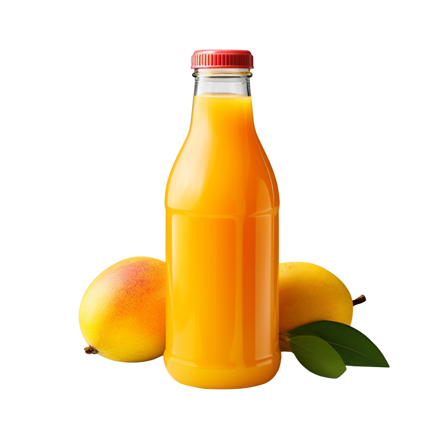 a bottle of orange juice next to two mangos