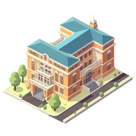 an illustration of a building with a blue roof