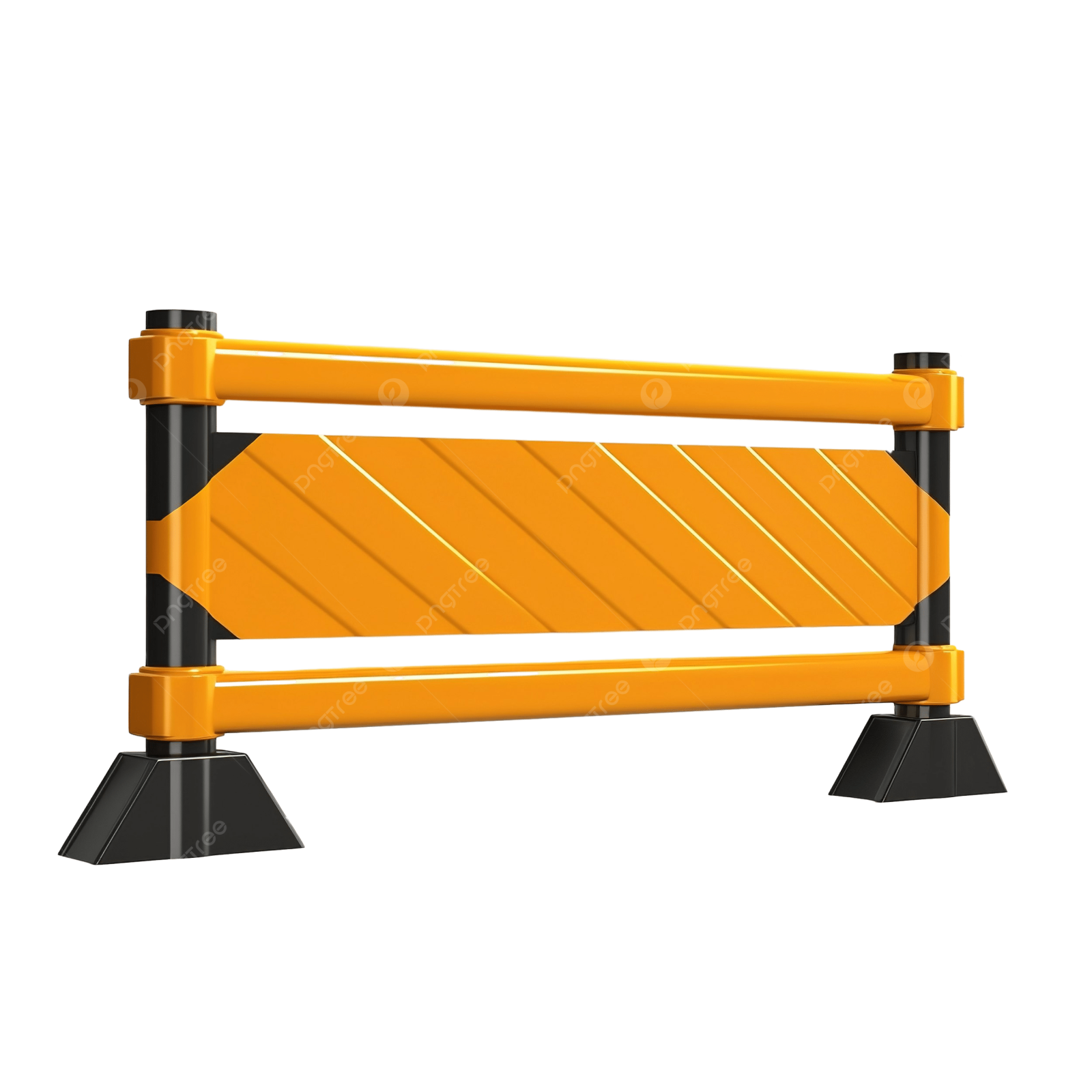 an orange barrier with black posts and a white background