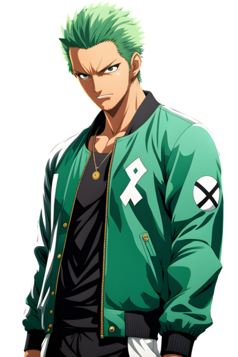 a man with green hair wearing a green jacket and black pants