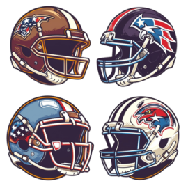 a set of four football helmets