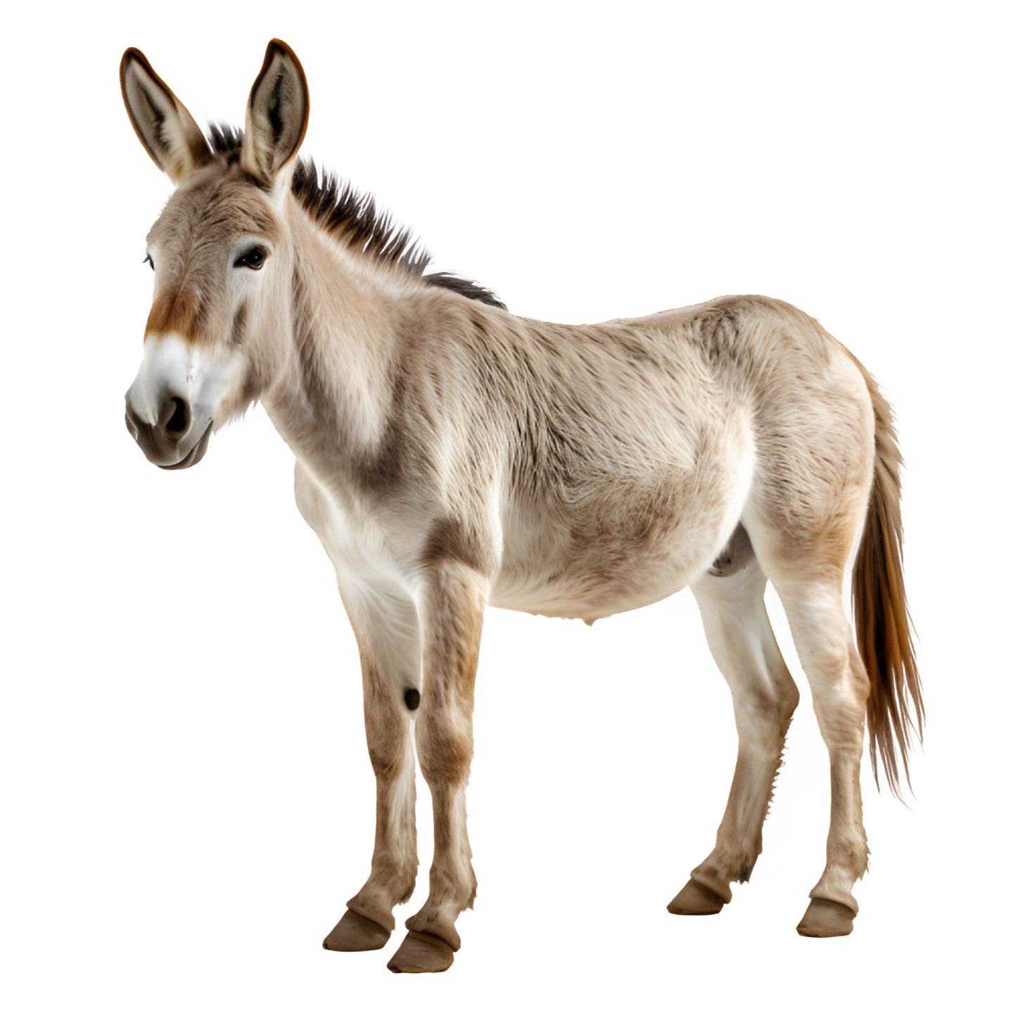 a donkey standing in front of a white background