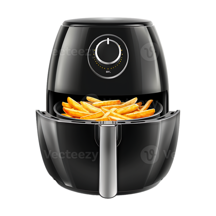 a black air fryer with fries in it