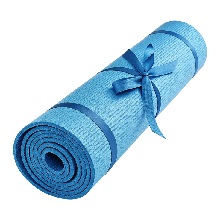 a blue yoga mat with a bow on top