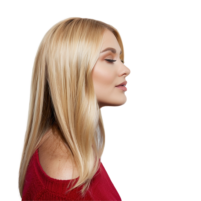 a woman with long blonde hair and red sweater