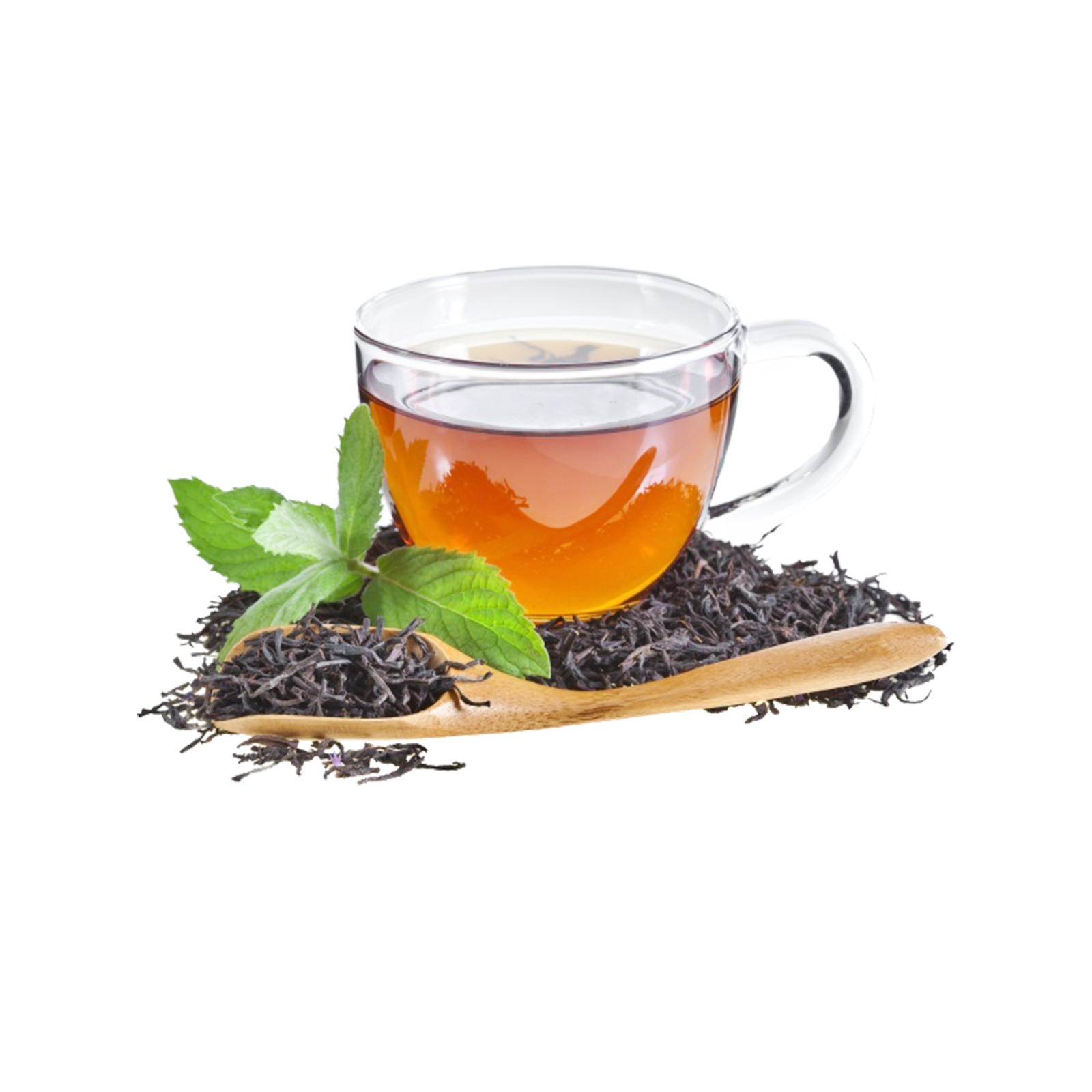 a glass cup filled with black tea and mint leaves