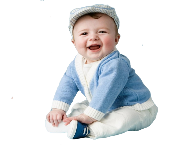 a baby wearing a blue sweater and white pants