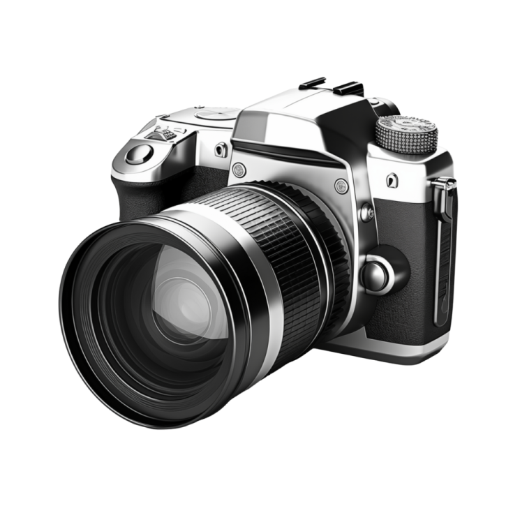 a black and silver camera on a white background