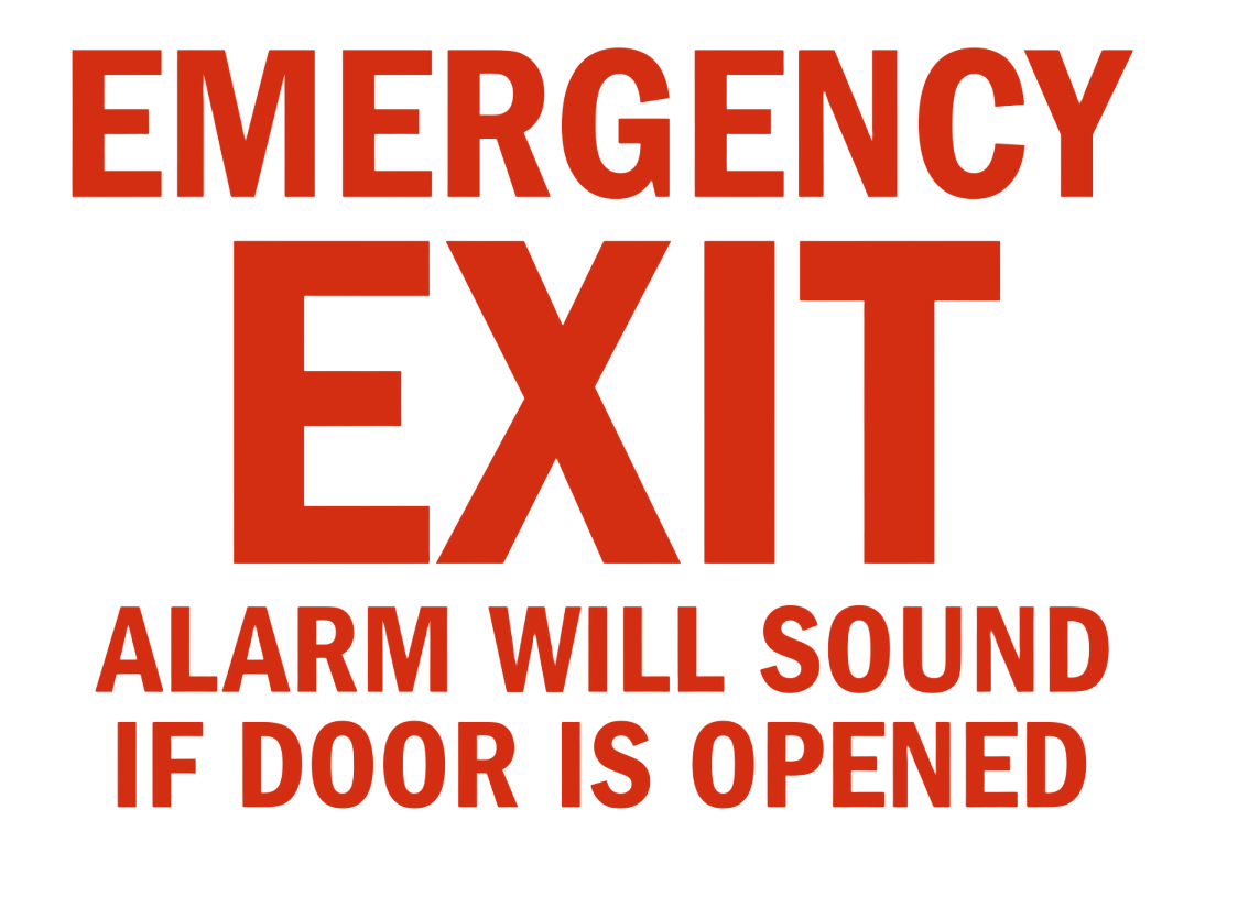 an emergency exit sign is shown in red and white