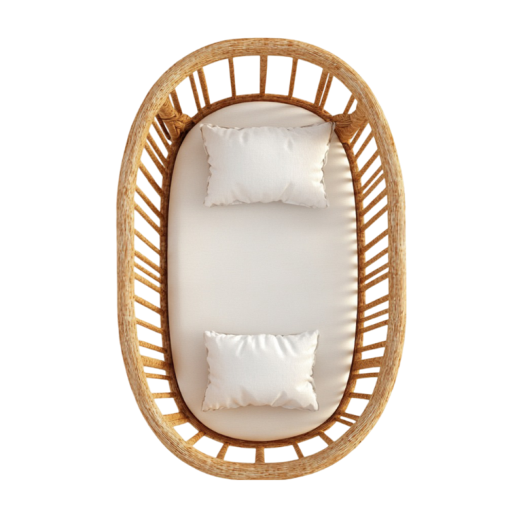 a rat rat hanging chair with white cushions