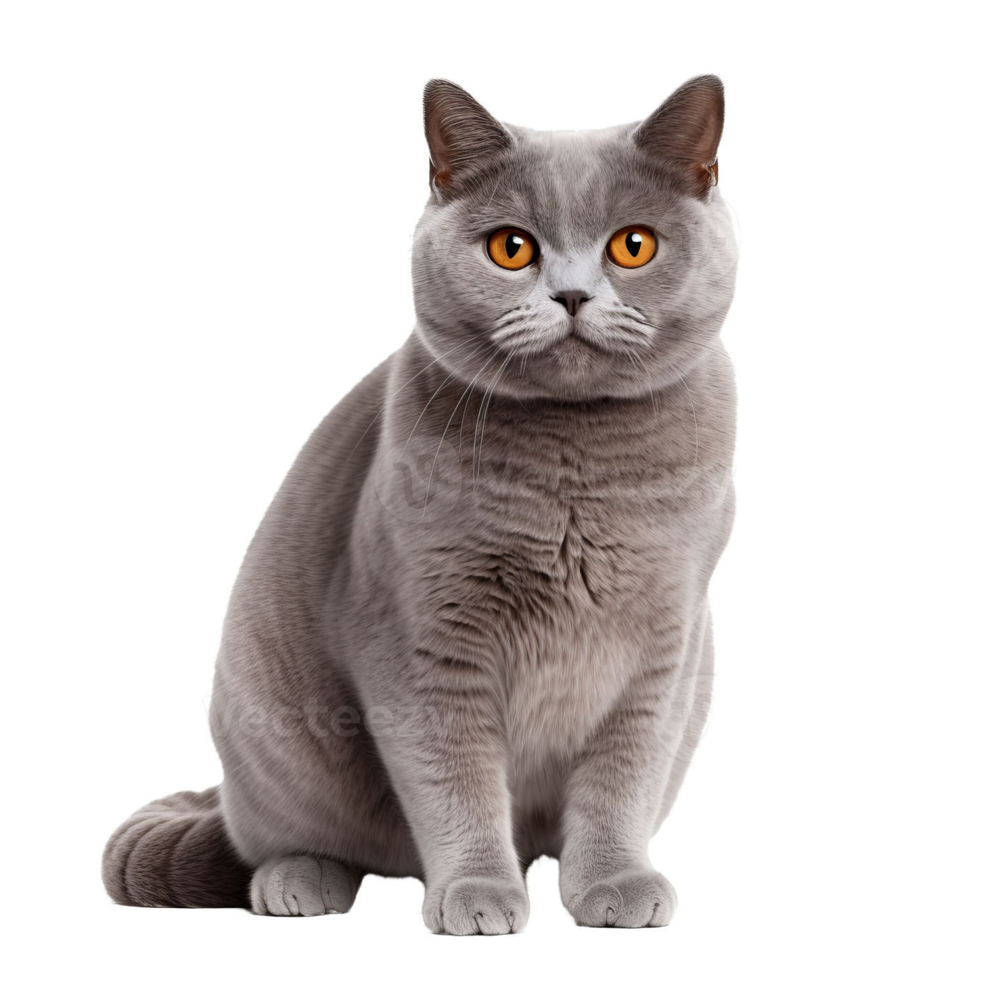 a grey cat sitting down and looking at the camera