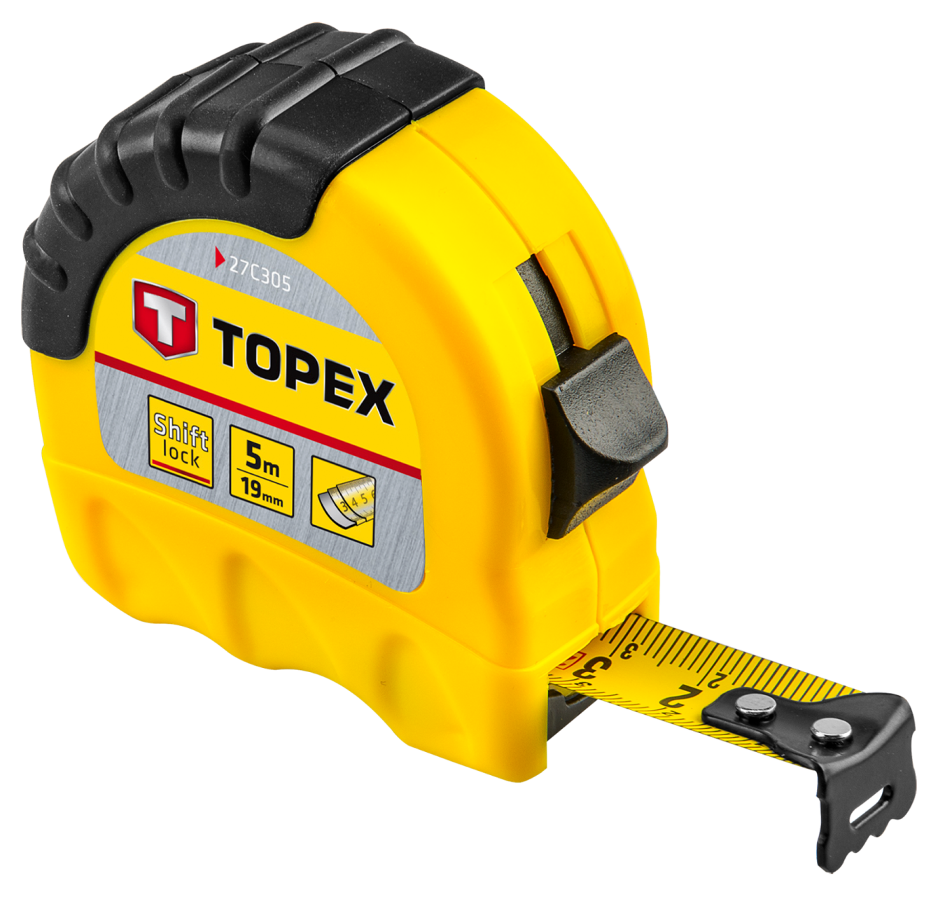 a yellow tape measurer with a black handle