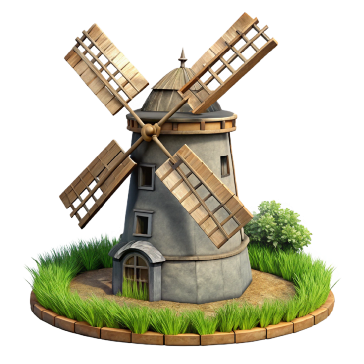 an old windmill with a small house in the middle