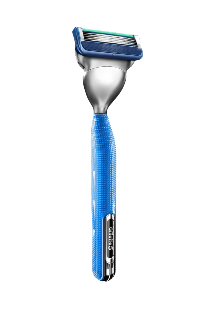 a blue and white razor on a white background