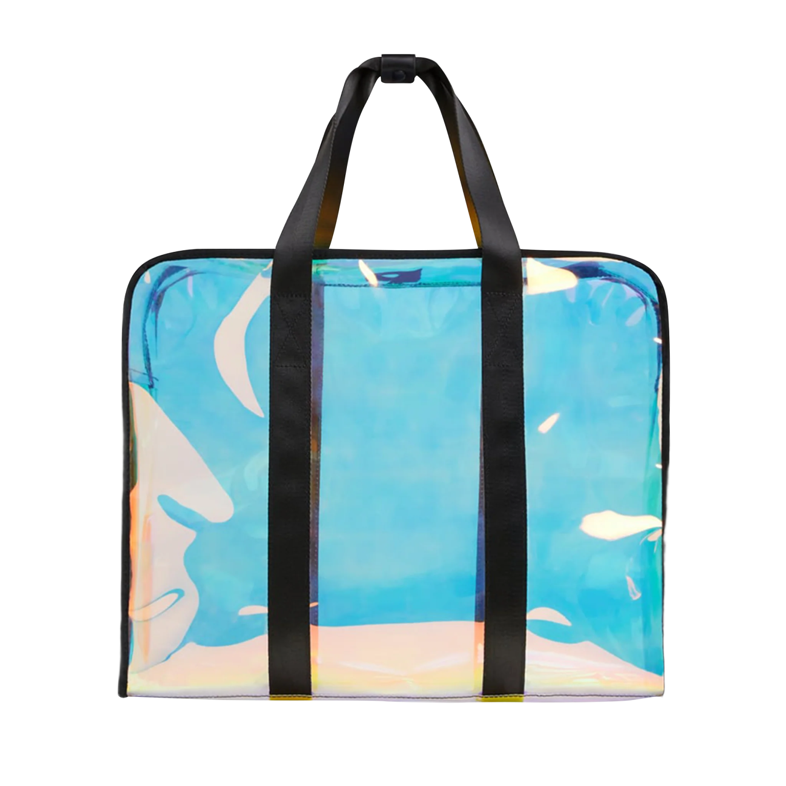 a blue and white bag with a black handle