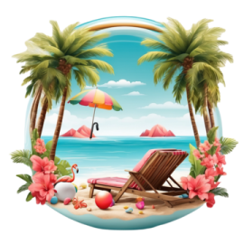 a beach scene with palm trees and an umbrella