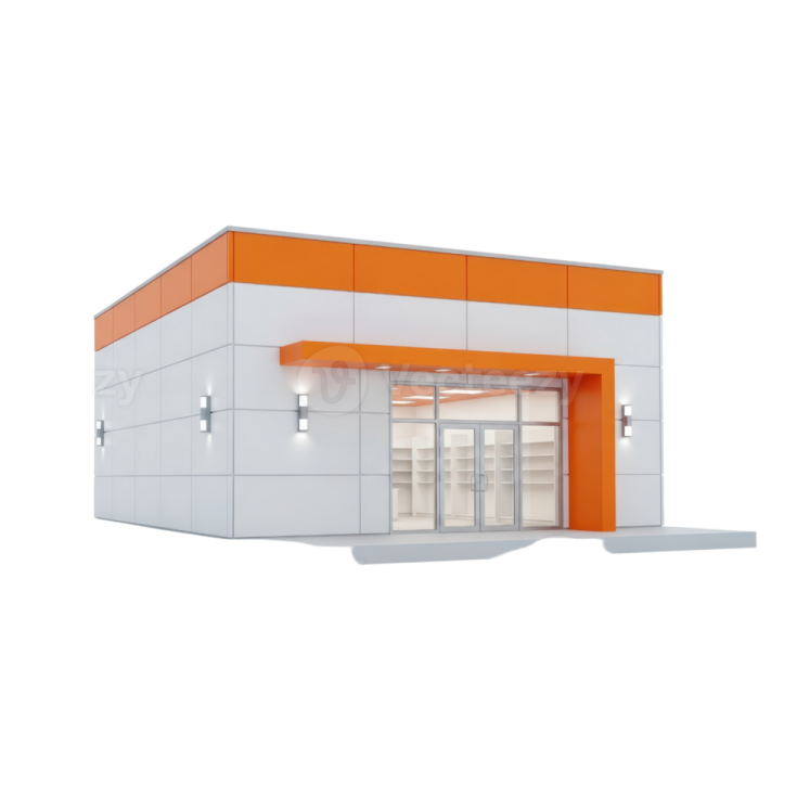 a small building with an orange and white facade