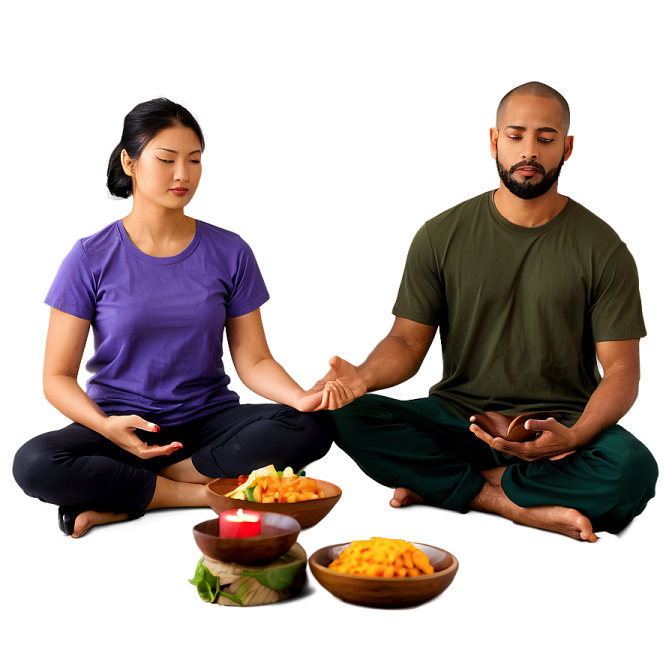 a man and woman sitting on the floor in meditation