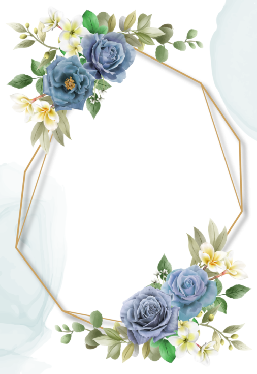 a floral frame with blue roses and green leaves