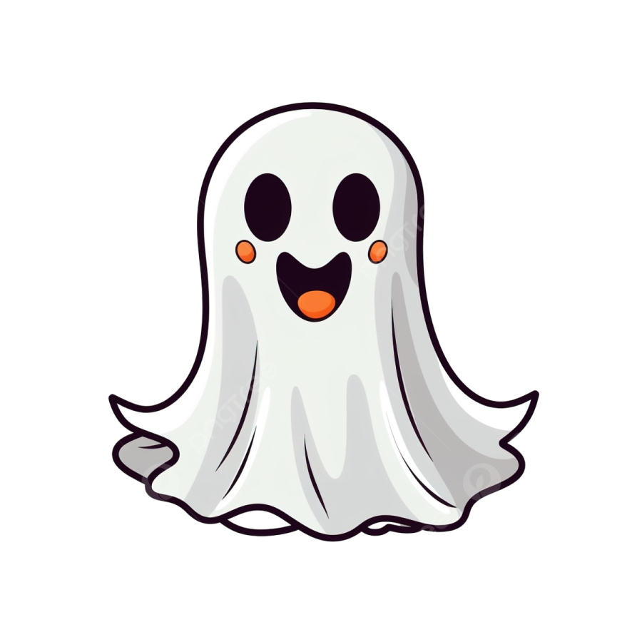 a white ghost with orange eyes and a black nose