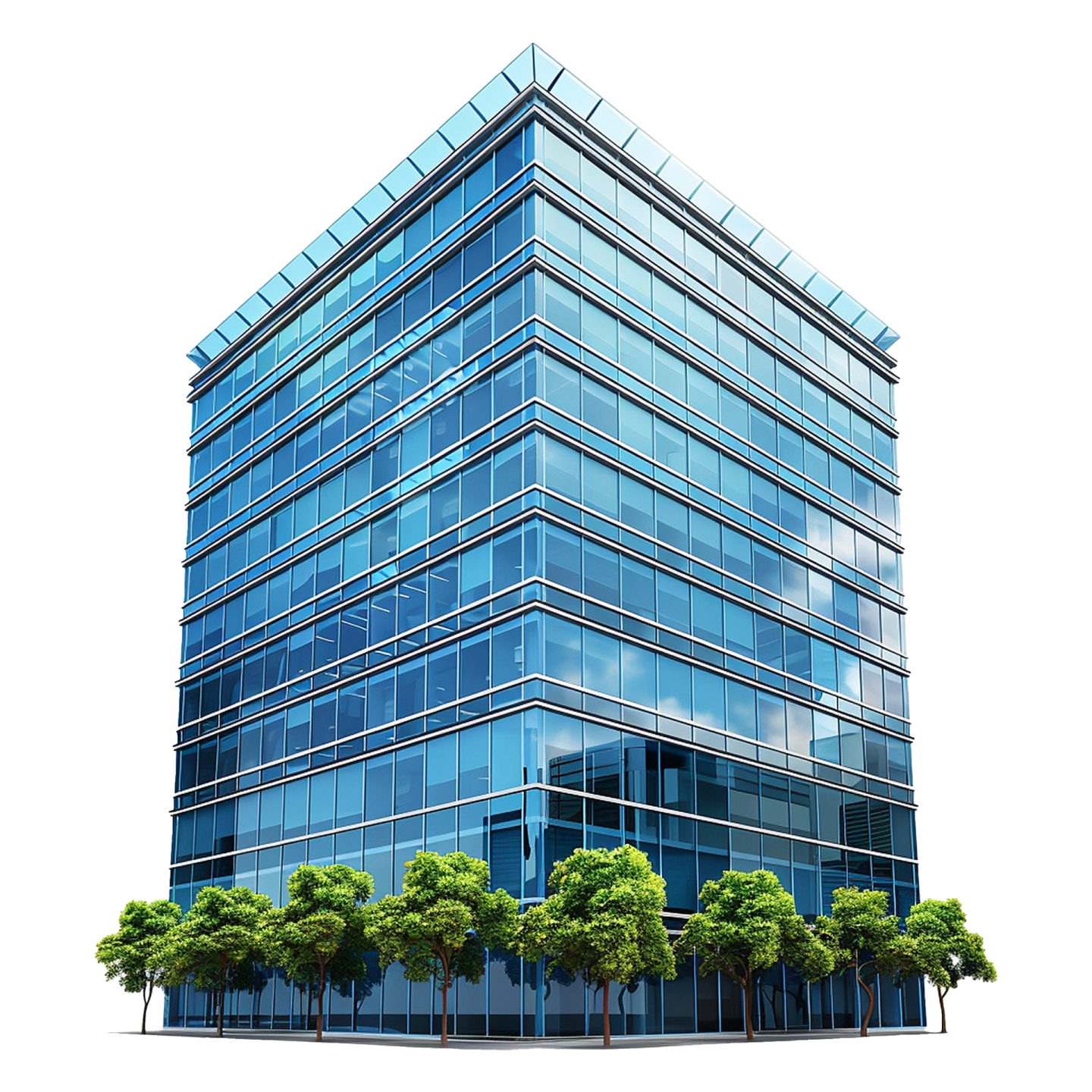 a blue glass building with trees in front