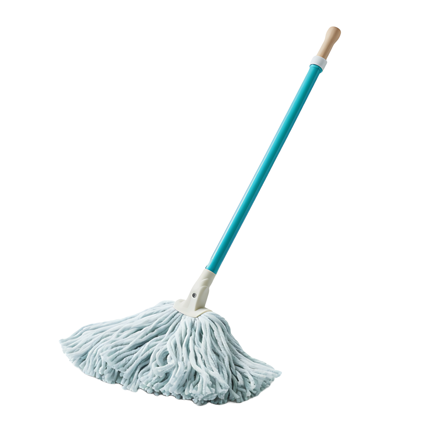 a blue mop with a wooden handle