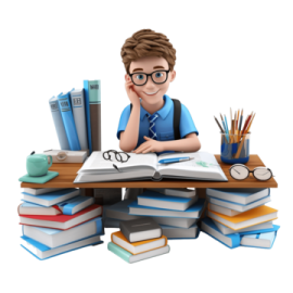 a boy sitting at a desk with books and pencils