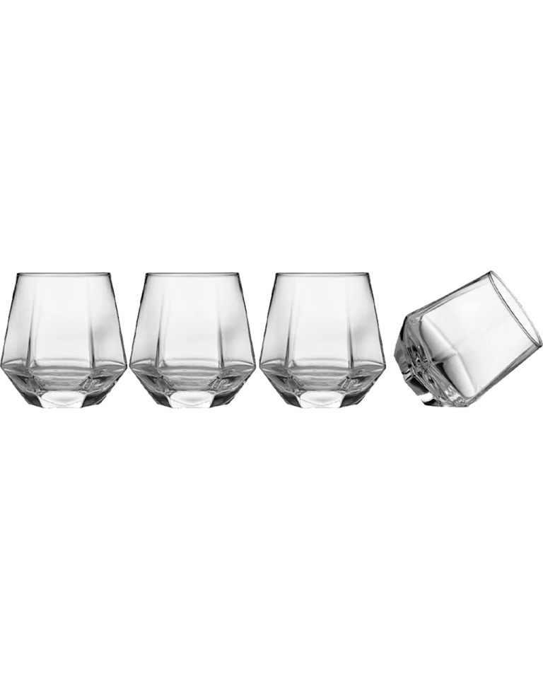 a set of four glasses on a white background