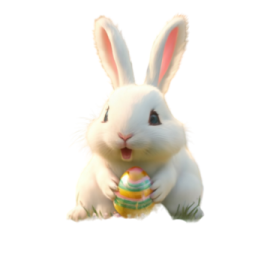 a white rabbit with an easter egg in its mouth
